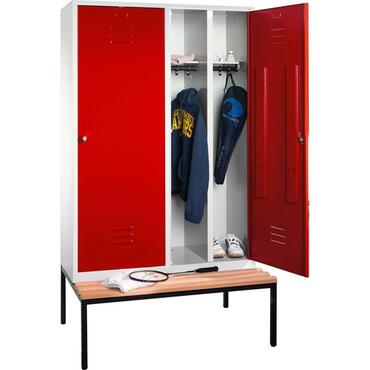 Garment locker mounted on bench seat, with two doors each for four lockers